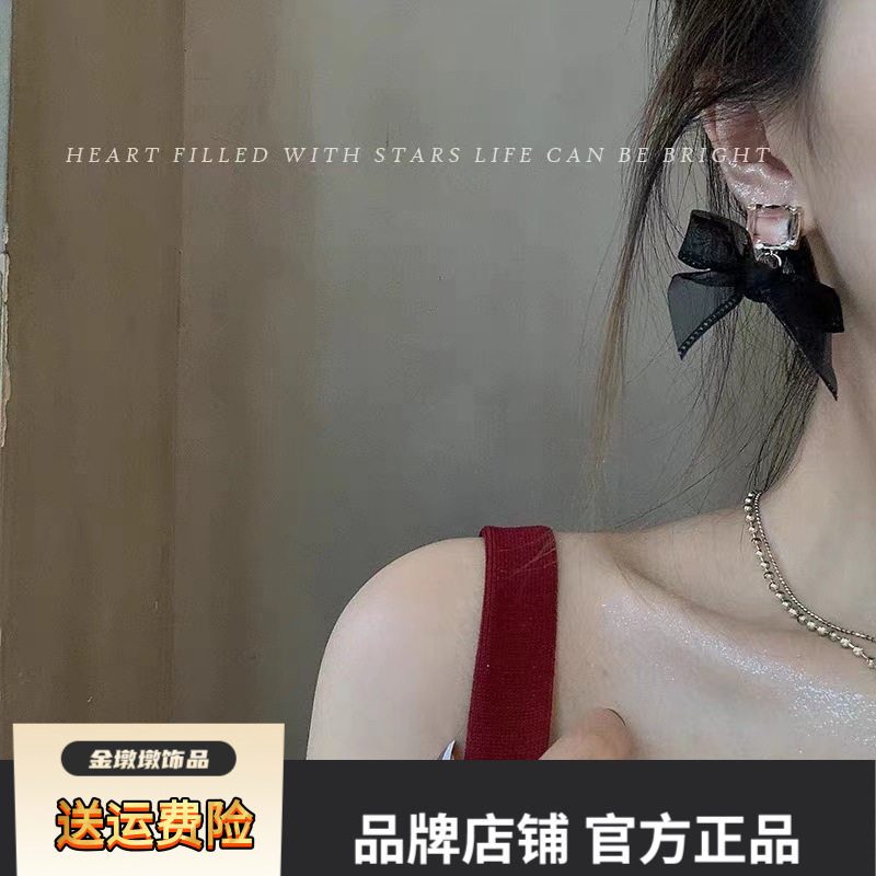 S925银针黑色蝴蝶结耳钉仙气法式