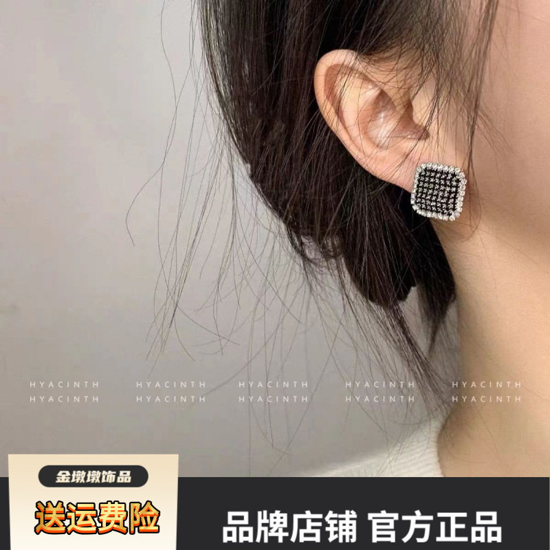 s925银针高级感方形黑色水钻耳环