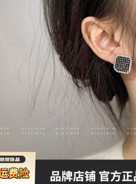 s925银针高级感方形黑色水钻耳环时尚复古冷淡风网红同款耳钉批发