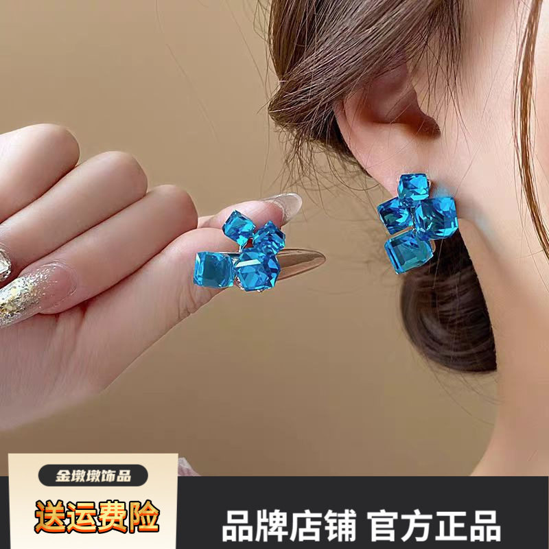 银针小清新方形绿晶拼接耳钉森系