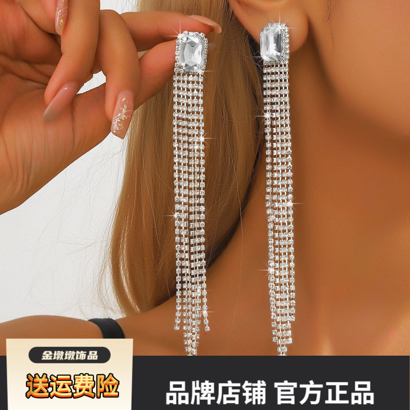时尚简约女士长款流苏爪链水钻耳