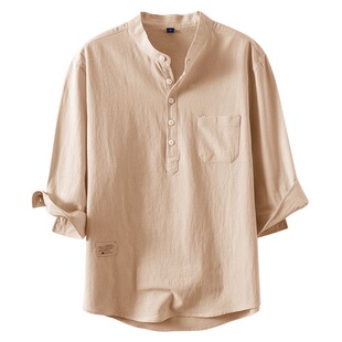 男士 透气纯棉T恤衫 纯色t恤棉麻衬衫 亨利衫 t恤 夏季 半袖 立领七分袖