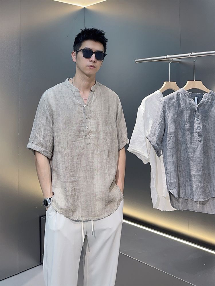 夏季薄款亚麻短袖休闲T恤男士立领套头衬衫国潮大码压褶扎染大V领