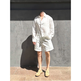 穿搭配松弛感亚麻短裤 老钱风白色棉亚麻长袖 男夏季 套装 一整套 衬衫