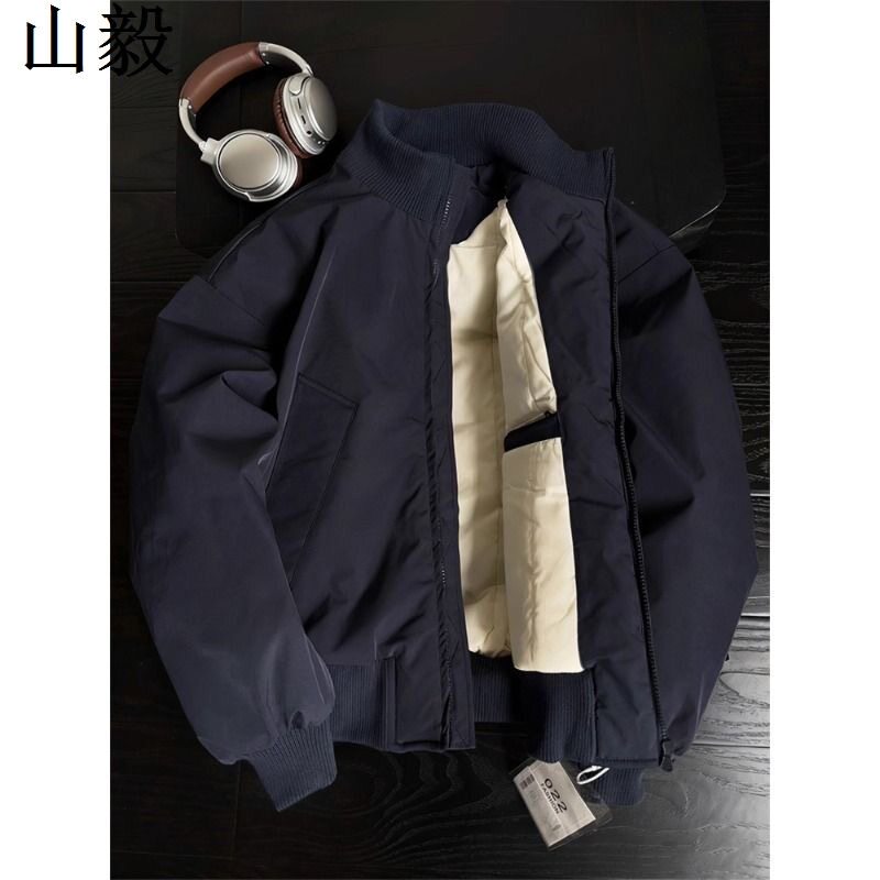 美式复古藏青色飞行员夹克棉服男冬季加厚立领棒球服潮牌棉衣外套