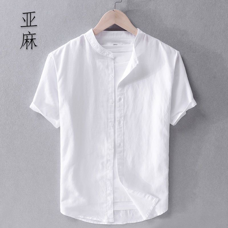 亚麻短袖衬衫男士白色休闲青年打底宽松透气薄款棉麻布衬衣半袖男