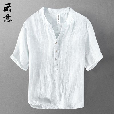 一件会呼吸的亚麻t恤 夏季薄款复古亚麻小立领短袖衬衫男半袖白色