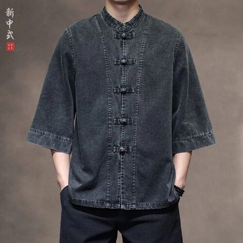 新中式复古盘扣男士唐装衬衫2026夏季新款国风大码七分袖茶服男款