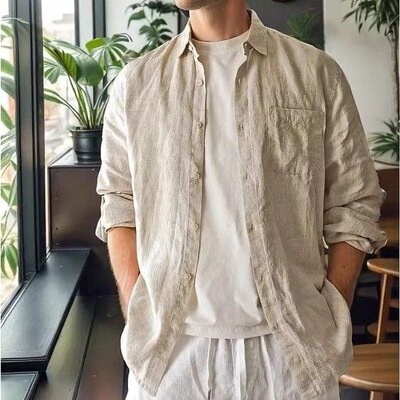 麻色织亚麻衬衫男士四季款长袖上衣棉麻布透气衬衣大码