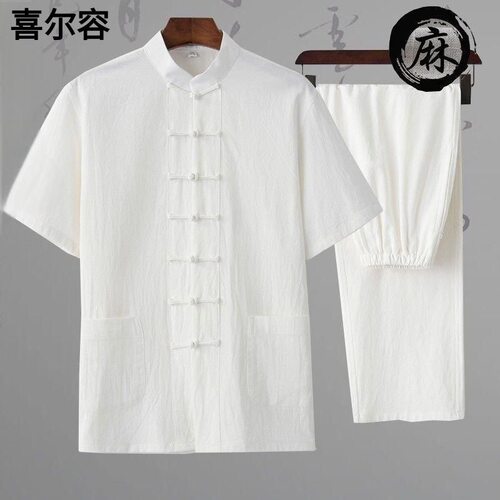 中老年男士夏季薄款棉麻短袖套装爸爸装中式禅意唐装茶服
