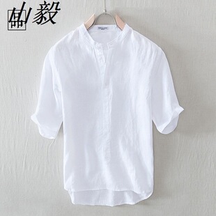 一件会呼吸的亚麻t恤 夏季薄款复古亚麻小立领短袖衬衫男半袖白色