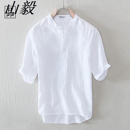 一件会呼吸的亚麻t恤 夏季薄款复古亚麻小立领短袖衬衫男半袖白色