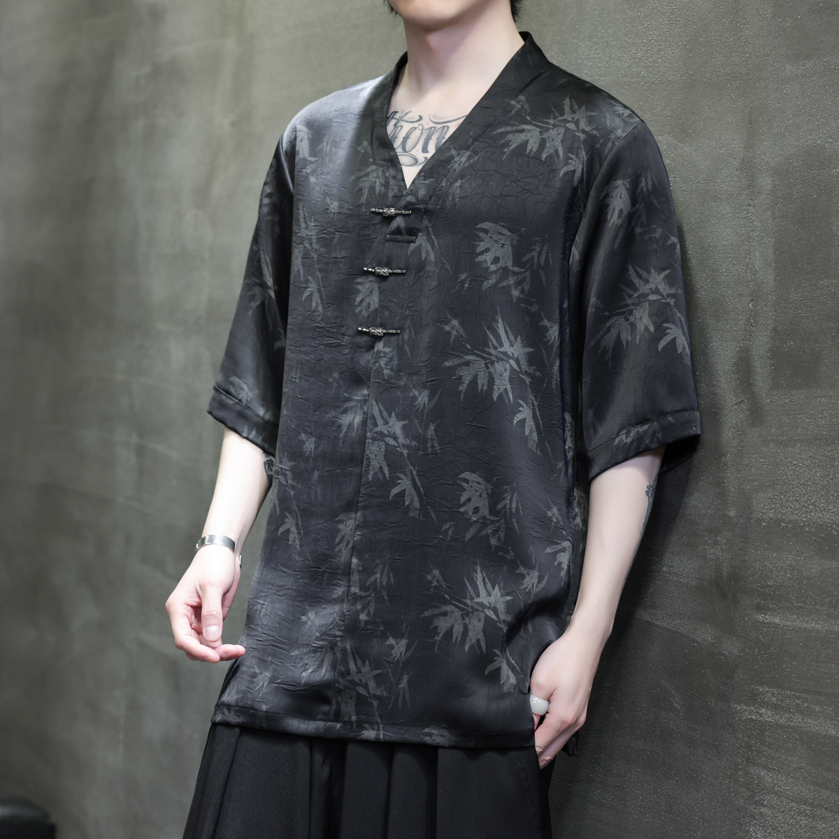 复古盘扣唐装男中国风夏季薄款冰丝短袖衬衫新中式宽松大码衬衣男