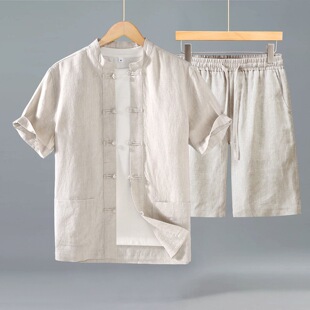 100亚麻中式 纯色宽松透气茶服休闲短裤 盘扣衬衫 男士 国风 套装 夏季