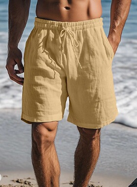 men's shorts新款短裤抽绳松紧腰直腿纯色透气日常沙滩五分休闲