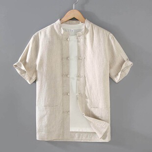 衬衫 宽松薄款 夏季 大码 透气衬衣 中国风男装 纯亚麻复古盘扣立领短袖