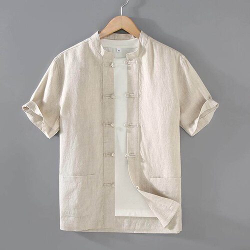 Chinese style cotton and linen short sleeved shirt for