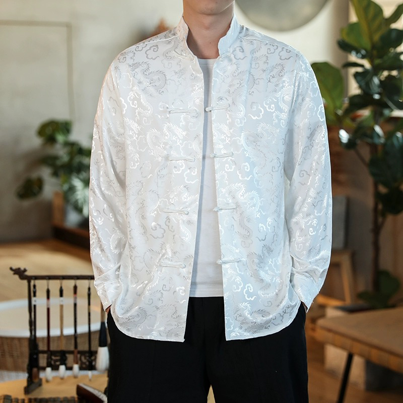 中国风盘扣衬衫潮牌新中式丝绸衬衣男士休闲宽松大码唐装长袖外套
