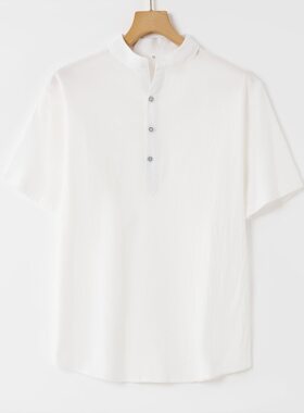 2025夏季薄款亚麻白色短袖t恤男士半袖T父亲节衣服中年麻料男装