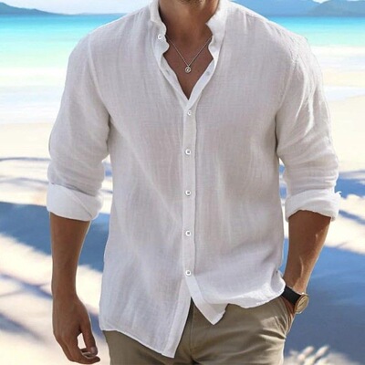 Men's linen button up shirt beach shirt long sleeved stand