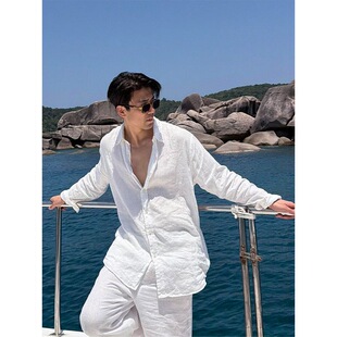 防晒外套慵懒松弛感宽松休闲长袖 夏季 衬衣 男款 老钱风白色棉麻衬衫