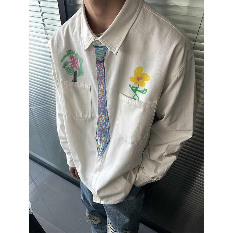 设计感手绘领带白色衬衫男款春秋