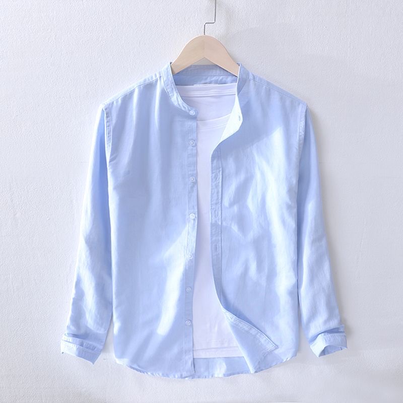 新款洋气100%纯棉立领长袖衬衫男轻奢休闲纯色百搭日系无领衬衣男