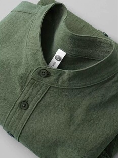 显白有气质！灰绿色国风提花纹理纯棉亨利领短袖衬衫外套女男夏季