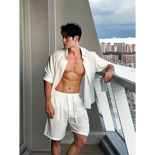 穿搭配松弛感亚麻短裤 老钱风白色棉亚麻长袖 男夏季 套装 一整套 衬衫