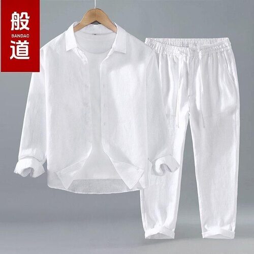 法式棉麻白衬衫男薄款透气宽松长袖防晒开衫亚麻透气休闲工装衬衣