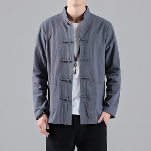 唐装 中国风男装 衬衣春秋复古风中式 中山宽松棉麻长袖 上衣 亚麻衬衫