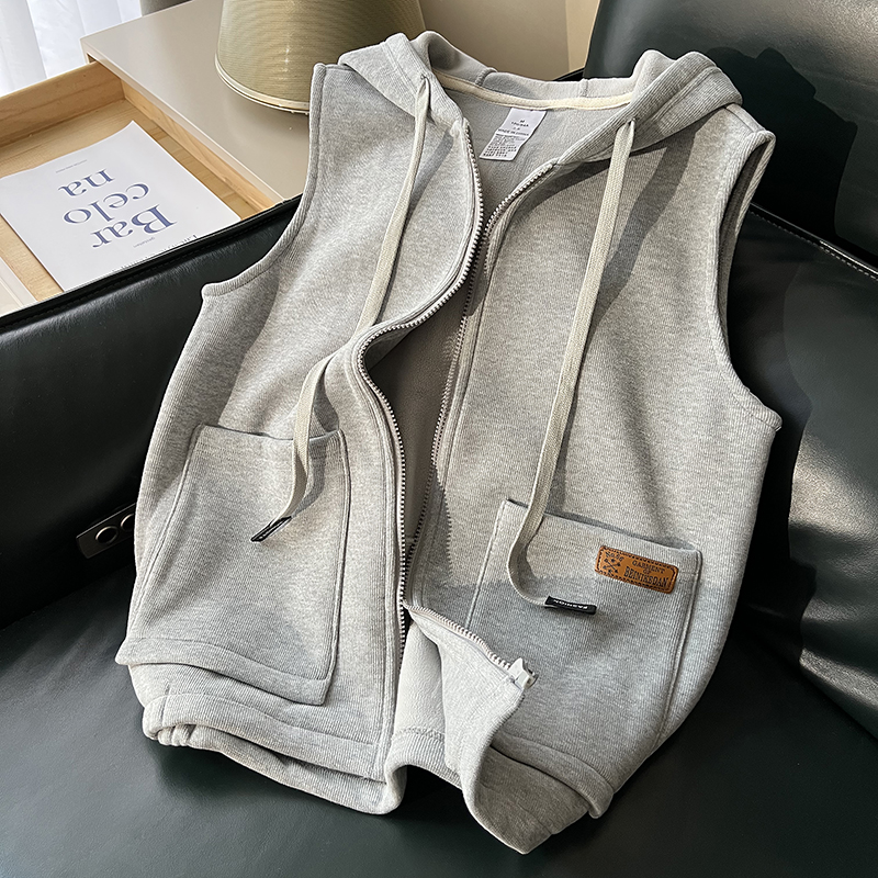 无袖加绒拉链卫衣外套