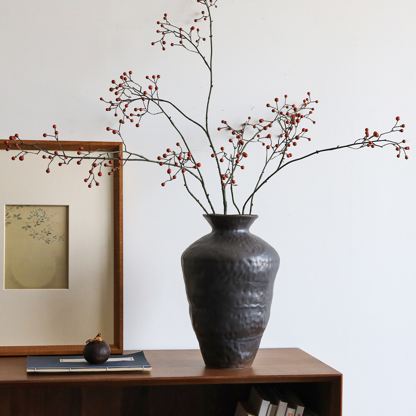 侘寂风黑色陶瓷花瓶摆件景德镇陶罐客厅插花中式复古粗陶花器创意