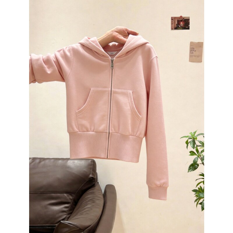 粉红色短款连帽运动卫衣拉链外套女夏季穿搭修身美式开衫显瘦上衣