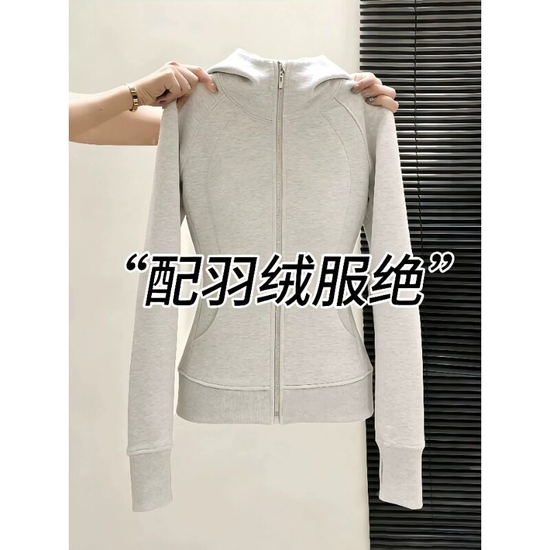 白灰色连帽拉链卫衣女秋冬2026新款修身收腰显瘦外套运动休闲上衣