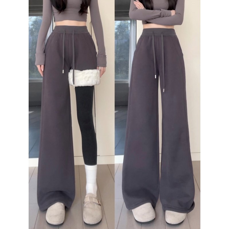 美式灰色宽松运动卫裤女秋冬季高腰垂感显瘦加绒休闲裤窄版阔腿裤