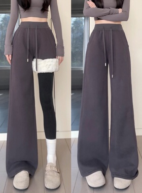 美式灰色宽松运动卫裤女秋冬季高腰垂感显瘦加绒休闲裤窄版阔腿裤
