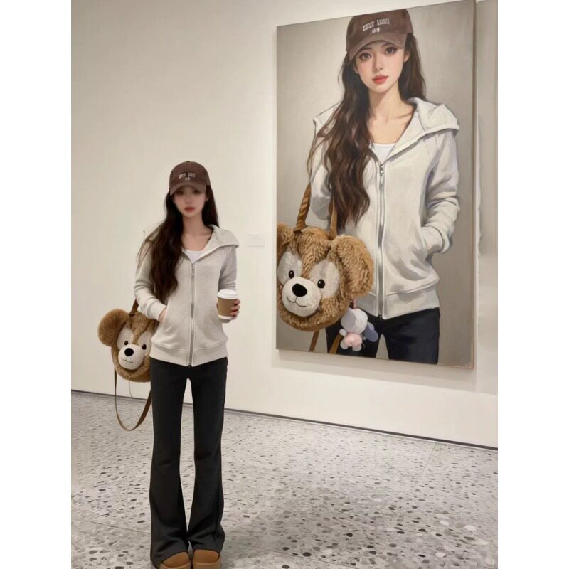 白灰色修身卫衣外套女秋冬季加绒正肩收腰瑜伽服短款连帽开衫上衣