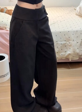 深灰色毛呢西装裤女秋冬季高级感质感纽扣直筒显瘦休闲低腰阔腿裤