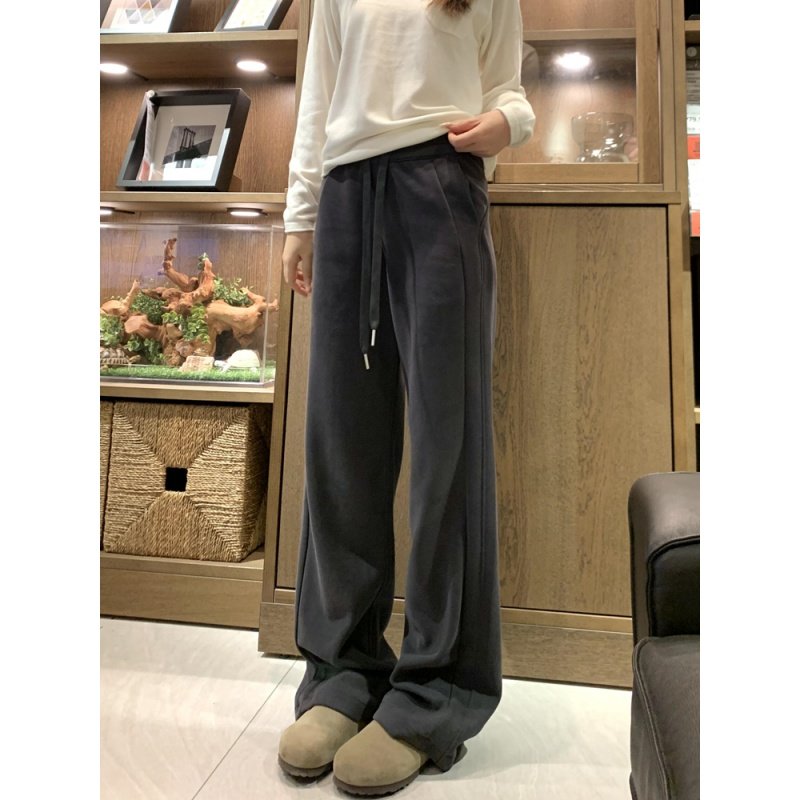 深灰色美式复古运动裤女秋冬加绒宽松保暖香蕉裤慵懒风高腰阔腿裤