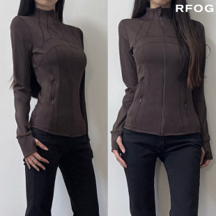 咖啡色立领瑜伽服收腰紧身运动上衣外套 骑行防晒衣女夏季 修身 长袖