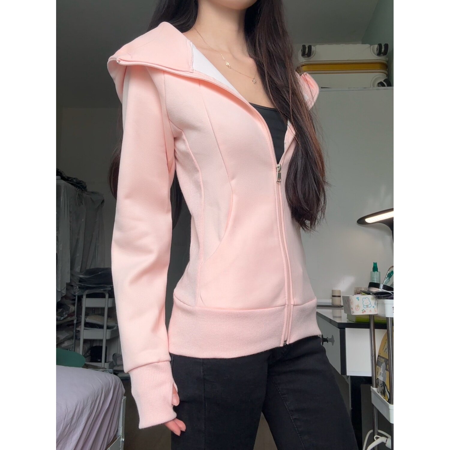 粉红色修身运动外套女秋季新款连帽收腰显瘦休闲上衣韩系穿搭开衫