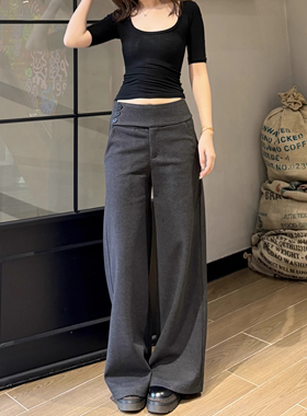 深灰色毛呢阔腿西装裤女秋冬季新款侧腰三排扣慵懒垂感直筒拖地裤