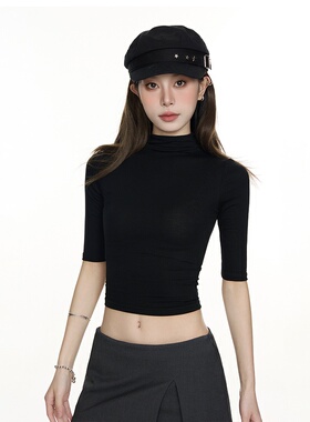设计感正肩短袖打底衫女夏季薄款半高领修身美式辣妹中袖黑色t恤