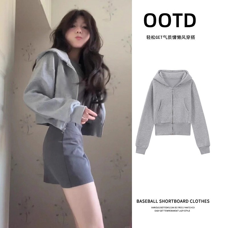 灰色美式连帽短款卫衣外套女秋冬加绒设计感长袖开衫休闲收腰上衣