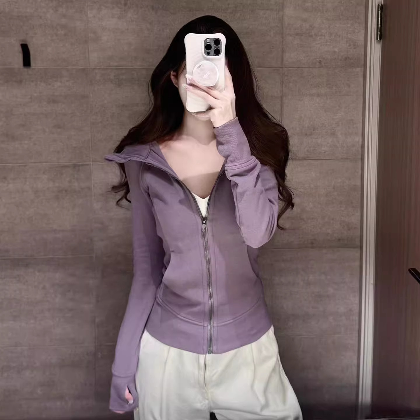 紫色修身卫衣外套女春秋新款小个子收腰显瘦内搭开衫运动瑜伽上衣