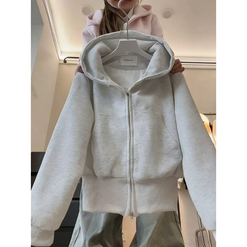 浅灰色加绒卫衣女秋冬季设计感小众2026新款韩版连帽拉链正肩外套