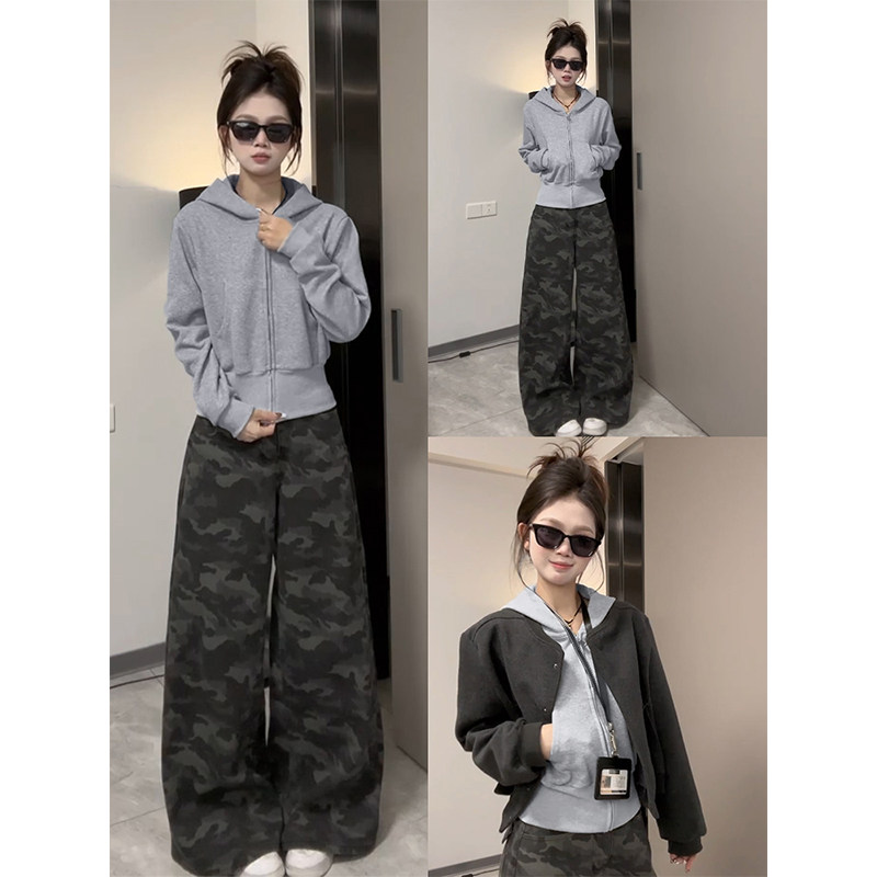 灰色韩系连帽加绒卫衣女秋冬季正肩短款长袖外套百搭修身收腰上衣