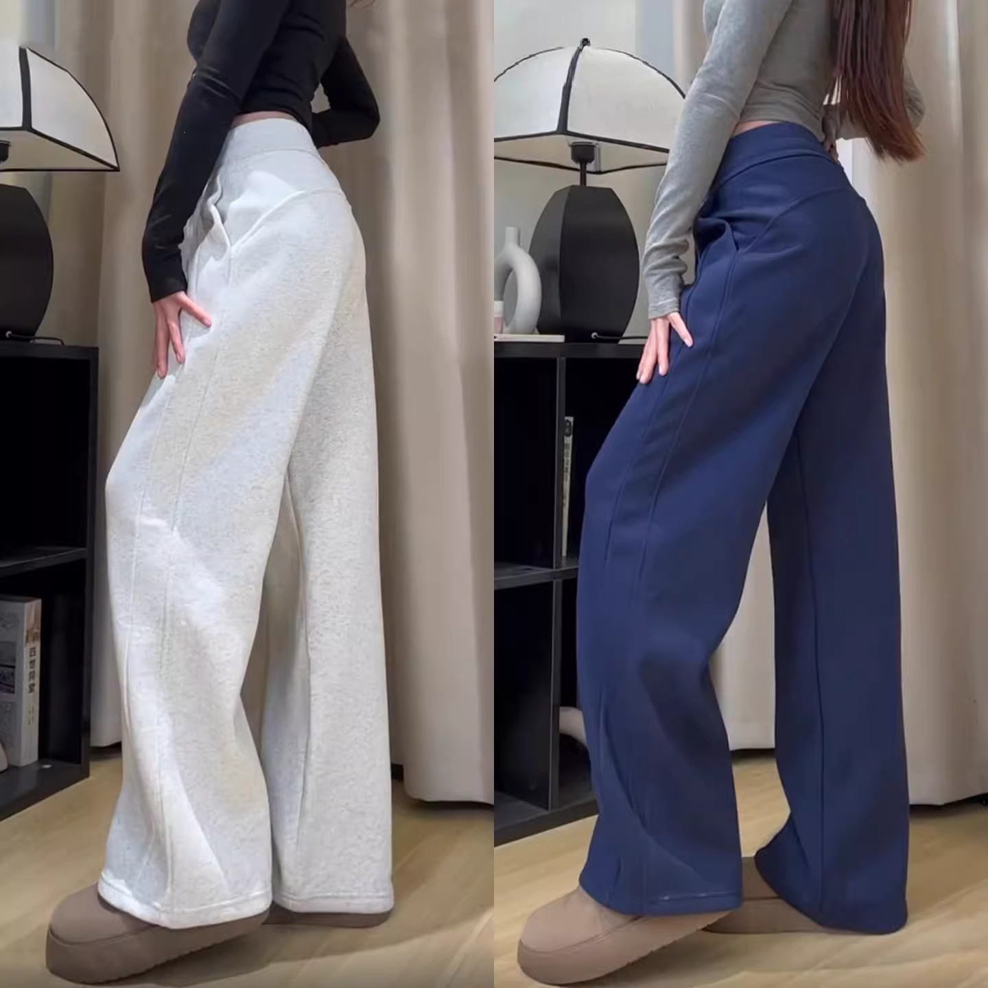 白灰色运动裤子女秋冬季加绒高腰垂感显瘦直筒裤宽松休闲阔腿卫裤