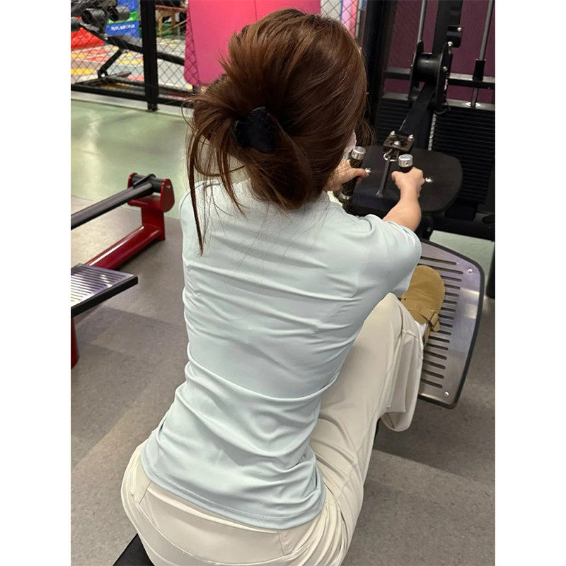 美式冰丝运动短袖T恤女夏季薄款速干瑜伽健身服内搭修身打底上衣